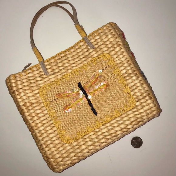 1990s Dragonfly Embroidered Woven Corn Husk Mini Tote Bag - Picture 9 of 11